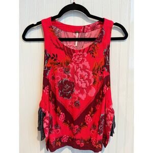 Free People Red & Pink Floral Sleeveless Top L Fairy Rennfayre Coquette Boho